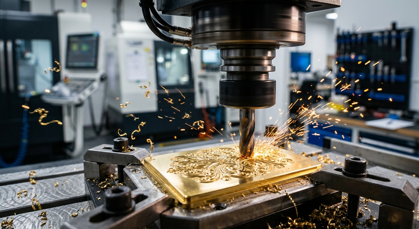 מכונת כרסום CNC בעבודת חריטה מדויקת על משטח מתכת פליז, יוצרת עיטורים מורכבים תוך התזת ניצוצות ושבבים בסביבת ייצור תעשייתית