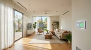 תרמוסטט חכם המציג מצב חיסכון באנרגיה (ECO) מותקן על קיר בסלון מודרני, מואר ומעוצב.